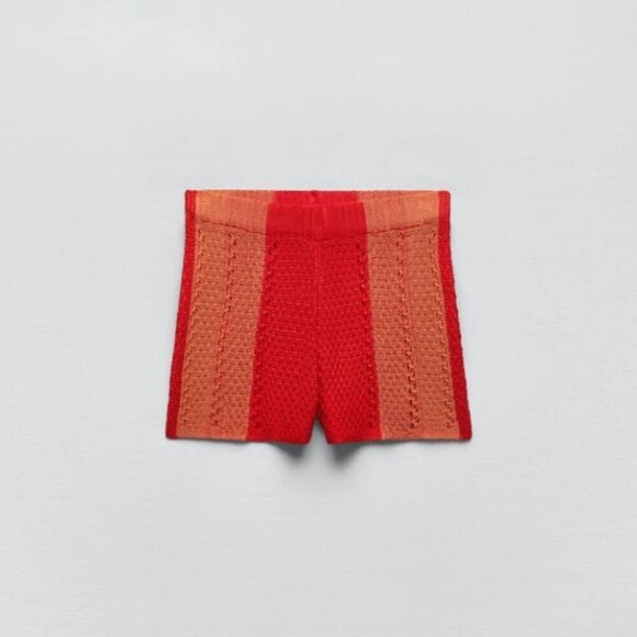 NWOT Zara crochet-like open weave knit-like striped elastic high waist shorts, M - Picture 4 of 12